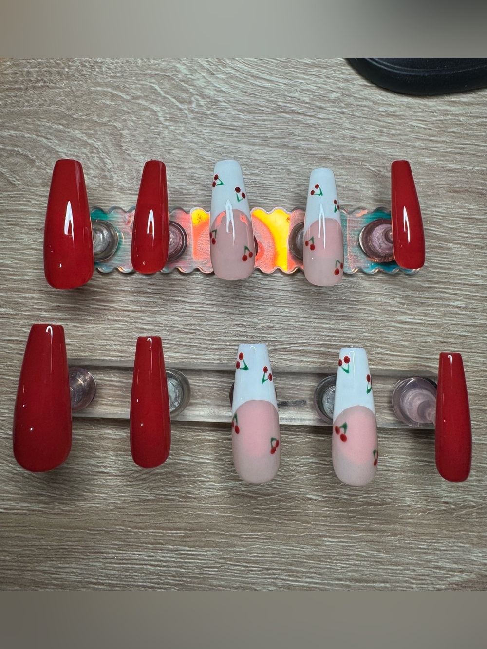 Homemade Red & White Cherry Accent Press-On Nails